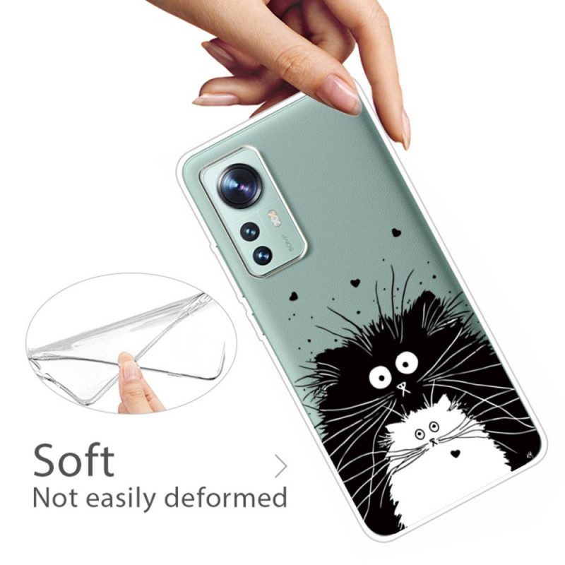 Cover Xiaomi 12 Pro Gatti In Silicone Bianco E Nero