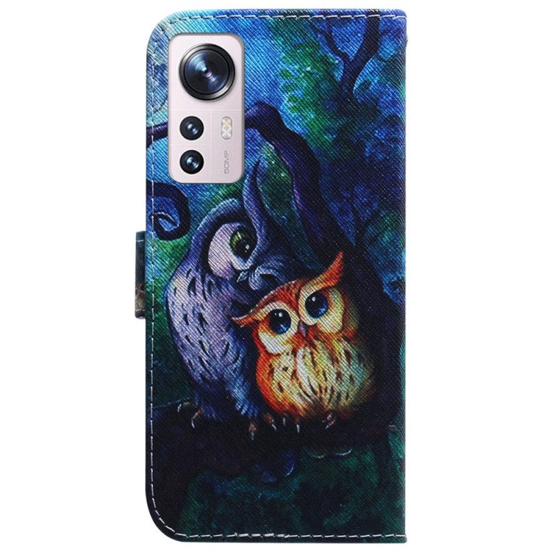 Custodia in pelle Xiaomi 12 Pro Pittura Gufi