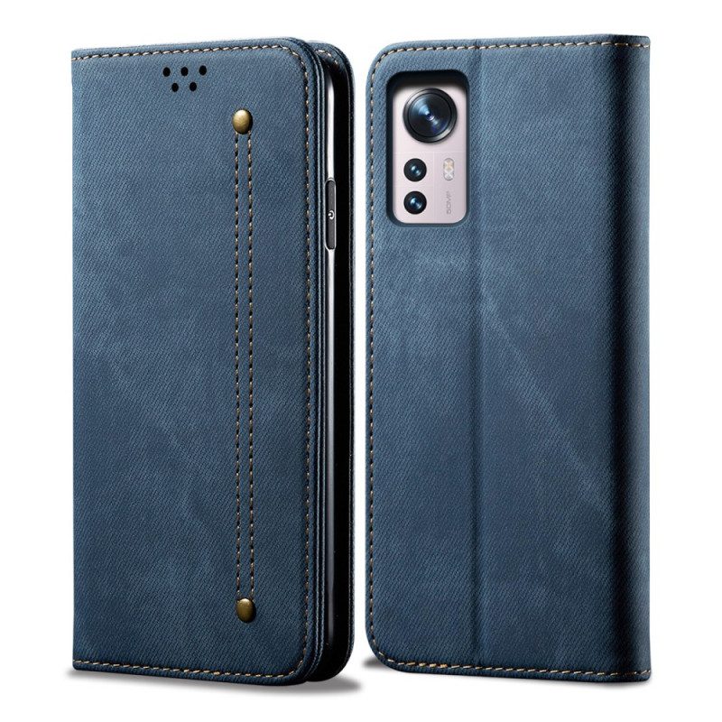 Folio Cover Xiaomi 12 Pro Custodia in pelle Tessuto Denim