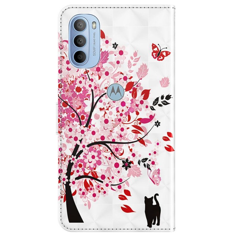 Custodia in pelle Moto G41 / G31 Albero Rosa E Gatto Nero