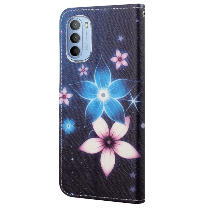 Custodia in pelle Moto G41 / G31 Cinturino Lunare Fiori