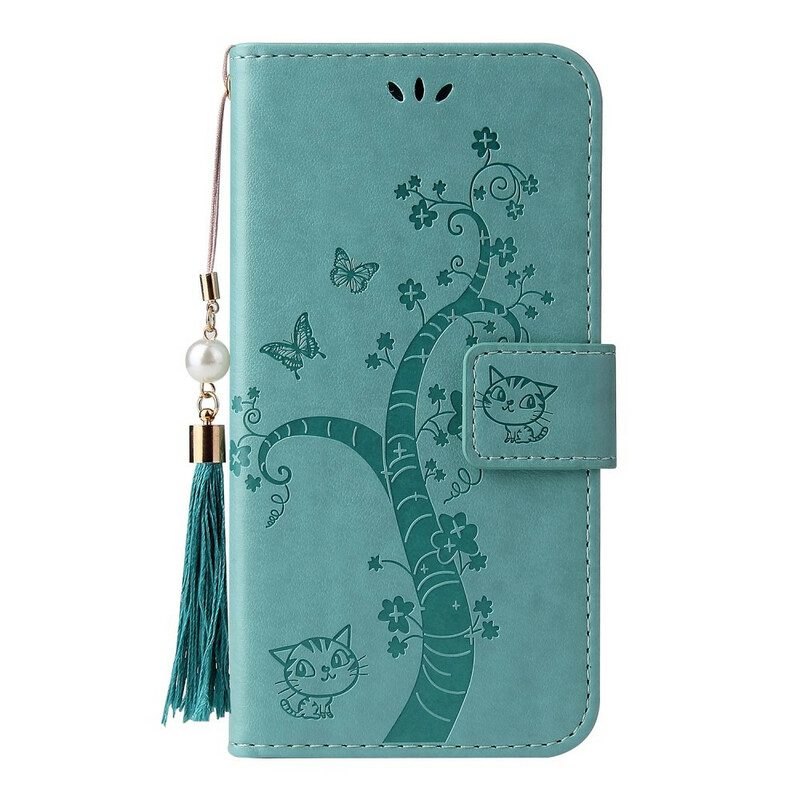 Folio Cover Samsung Galaxy A51 Albero E Gatto Con Perlina Sul Cordino