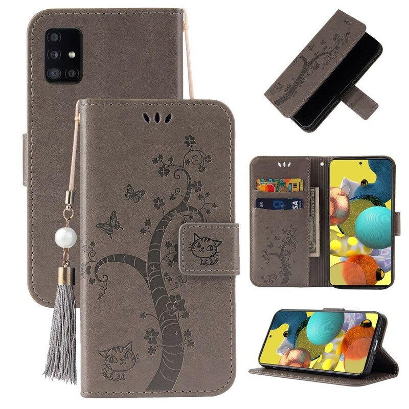 Folio Cover Samsung Galaxy A51 Albero E Gatto Con Perlina Sul Cordino