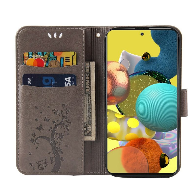 Folio Cover Samsung Galaxy A51 Albero E Gatto Con Perlina Sul Cordino