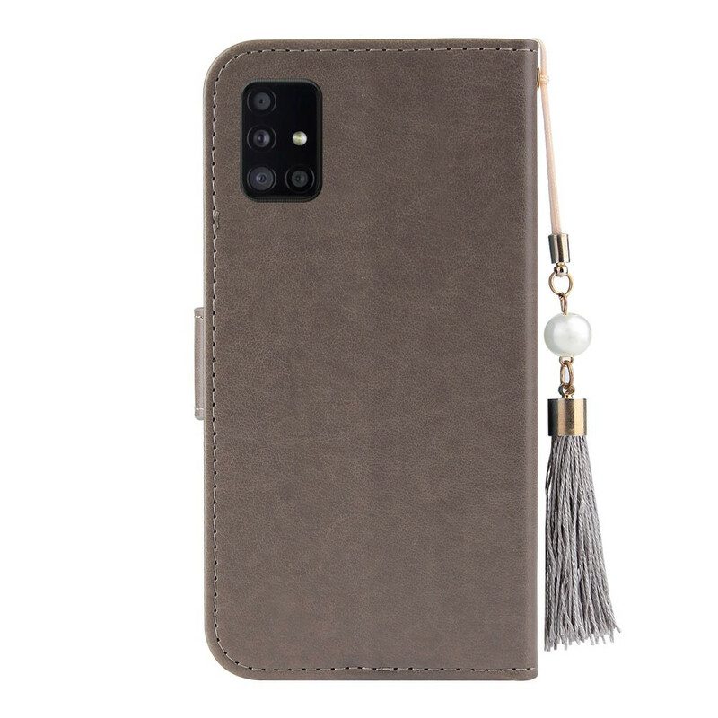 Folio Cover Samsung Galaxy A51 Albero E Gatto Con Perlina Sul Cordino