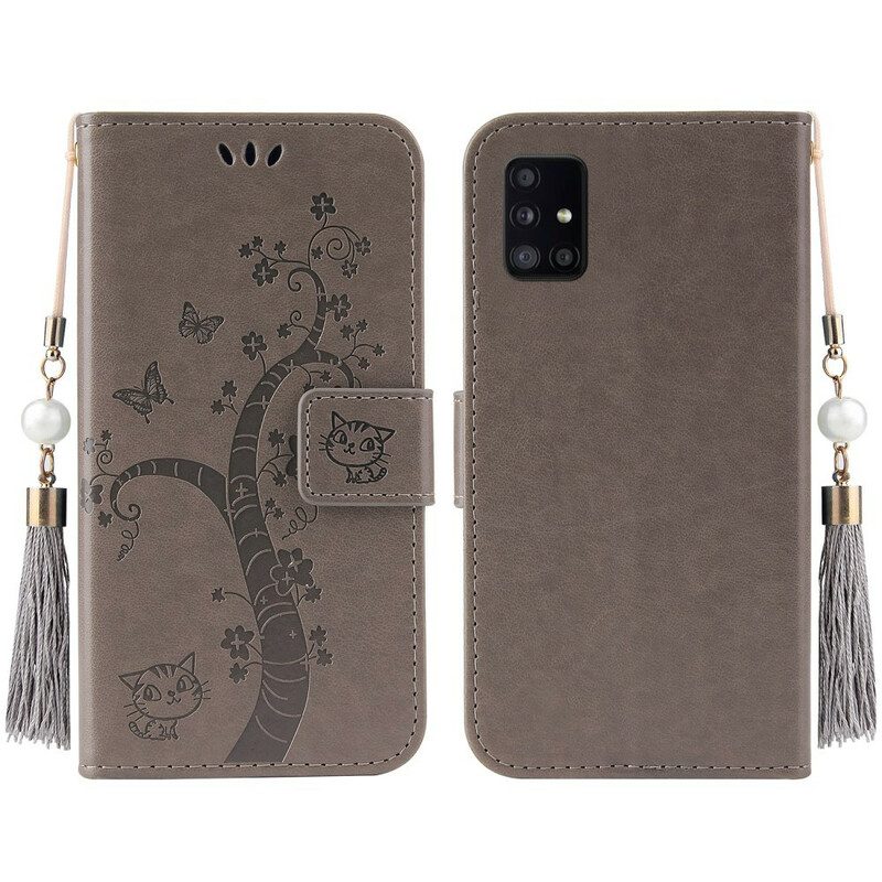 Folio Cover Samsung Galaxy A51 Albero E Gatto Con Perlina Sul Cordino