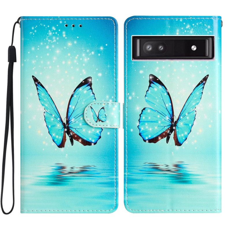 Custodia in pelle Google Pixel 7A Farfalle Blu Con Cinturino