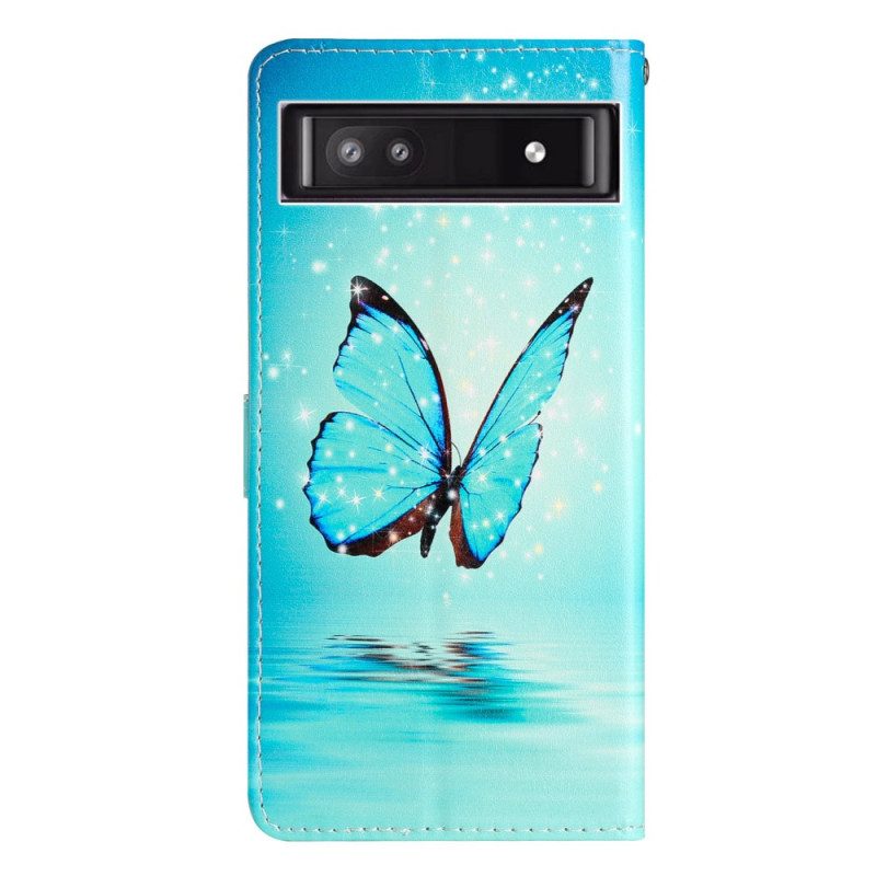 Custodia in pelle Google Pixel 7A Farfalle Blu Con Cinturino