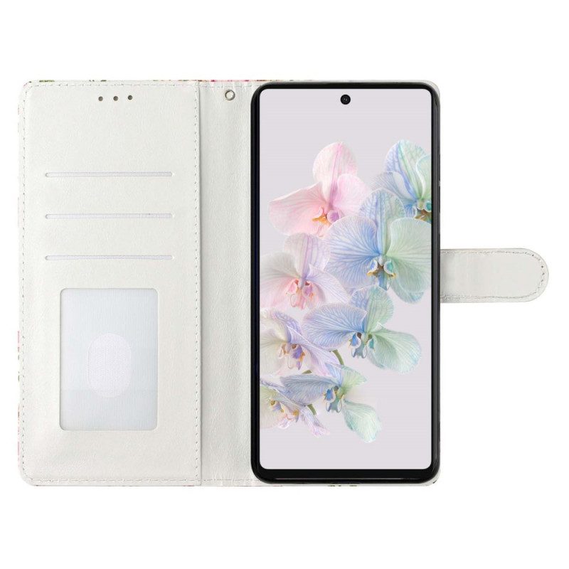 Custodia in pelle Google Pixel 7A Farfalle Dorate Con Cinturino