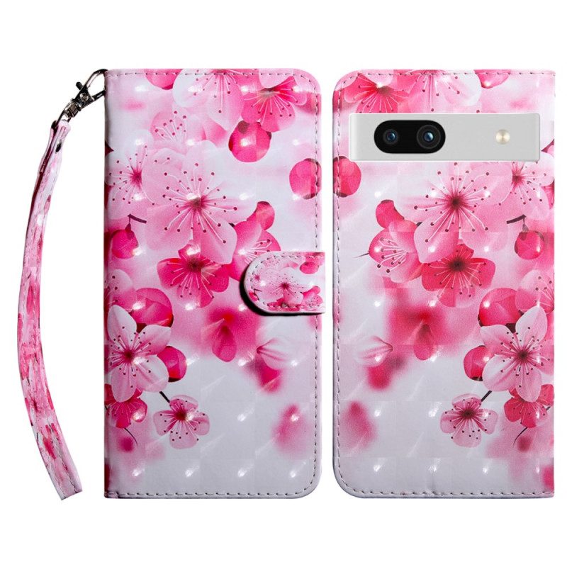 Custodia in pelle Google Pixel 7A Fiori Rosa Con Cinturino