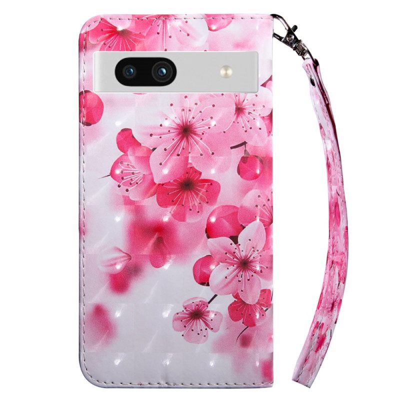 Custodia in pelle Google Pixel 7A Fiori Rosa Con Cinturino