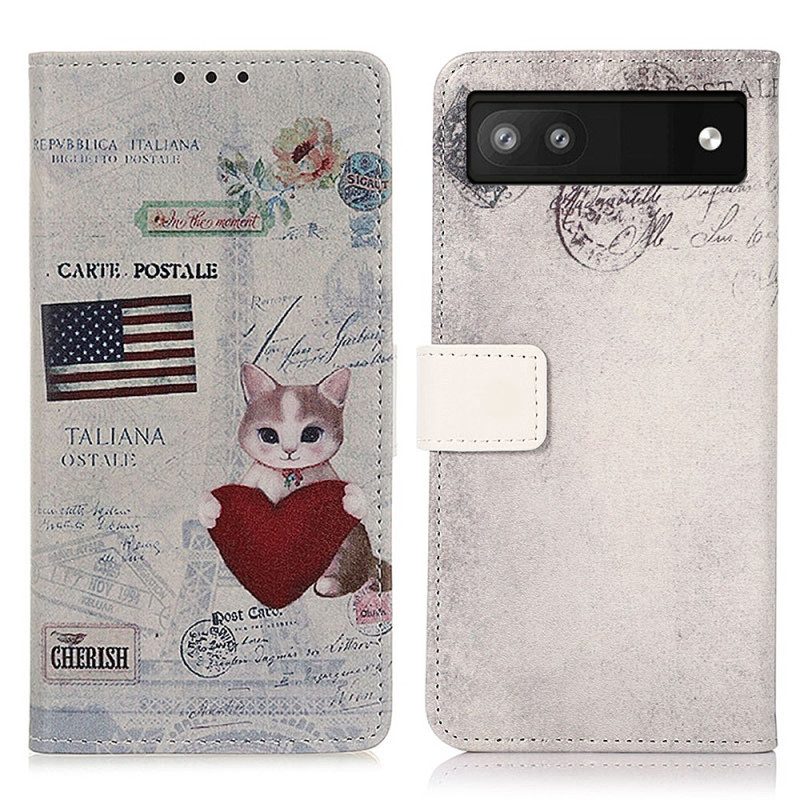 Custodia in pelle Google Pixel 7A Gatto Viaggiatore