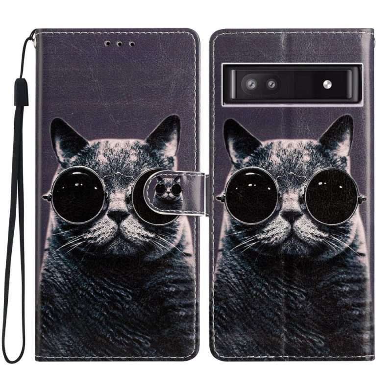 Custodia in pelle Google Pixel 7A Occhiali Da Gatto Con Cinturino