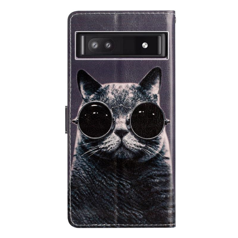 Custodia in pelle Google Pixel 7A Occhiali Da Gatto Con Cinturino