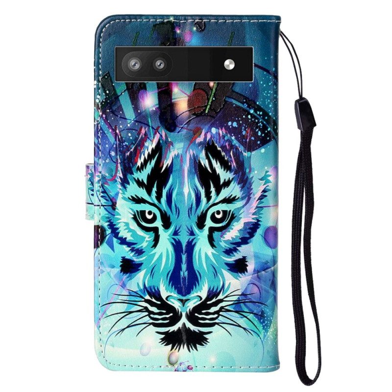 Custodia in pelle Google Pixel 7A Tigre Colorata Con Cordino