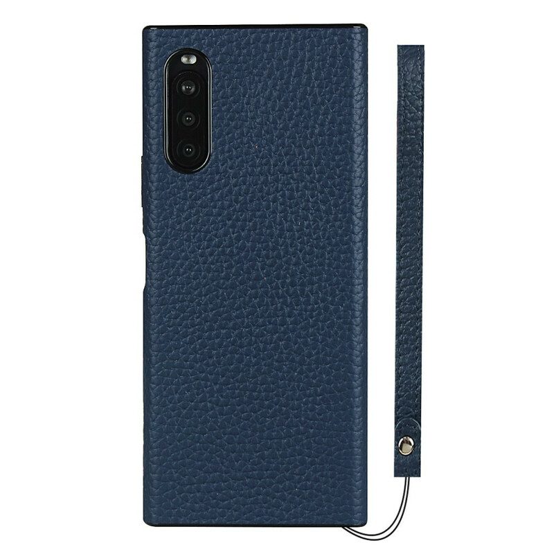 Cover Sony Xperia 10 II Vera Pelle Di Litchi Con Cinturino