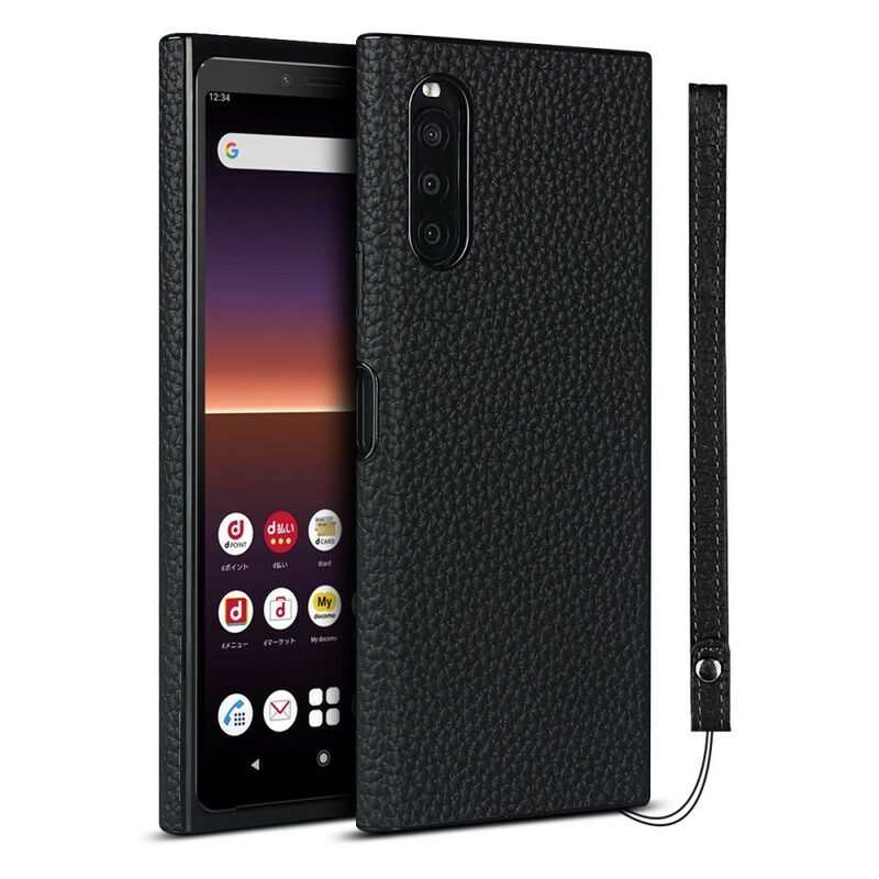 Cover Sony Xperia 10 II Vera Pelle Di Litchi Con Cinturino