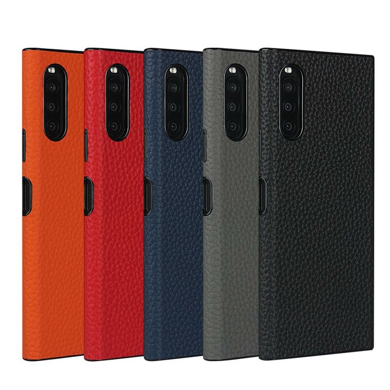 Cover Sony Xperia 10 II Vera Pelle Di Litchi Con Cinturino